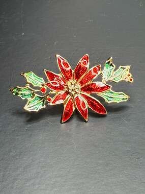Vintage Red and Green Enamel Gold-Tone Poinsettia Pin with Push Back